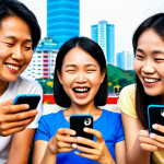 ** A diverse group of Vietnamese users (various ages and demographics) enthusiastically using a sleek, modern mobile app on their smartphones. The app interface is visually appealing with bright colors and clear icons. Focus on their expressions – joy, excitement, and engagement. In the background, subtly incorporate elements of Vietnamese culture and modern city life.

**