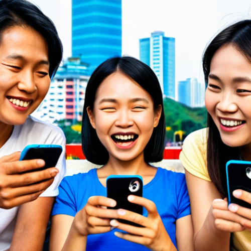 Home 4 ** A diverse group of Vietnamese users (various ages and demographics) enthusiastically using a sleek, modern mobile app on their smartphones. The app interface is visually appealing with bright colors and clear icons. Focus on their expressions – joy, excitement, and engagement. In the background, subtly incorporate elements of Vietnamese culture and modern city life.
**