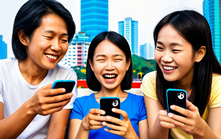 ** A diverse group of Vietnamese users (various ages and demographics) enthusiastically using a sleek, modern mobile app on their smartphones. The app interface is visually appealing with bright colors and clear icons. Focus on their expressions – joy, excitement, and engagement. In the background, subtly incorporate elements of Vietnamese culture and modern city life.

**